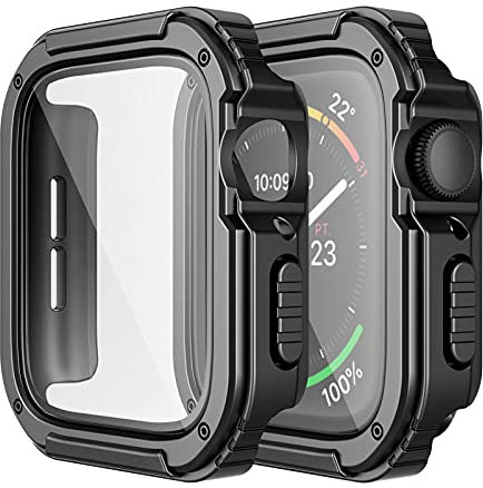 Adepoy 2 Pack Rugged Case Compatible for Apple Watch 44mm Series SE/6/5/4 with Tempered Glass Screen Protector, Military All Around Hard TPU Protective Cover Case Shockproof Bumper for iWatch Men 44mm