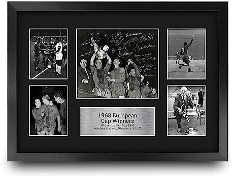 HWC Trading Espositore autografato da esposizione, formato A3 del 1968, vincitori della Coppa UEFA Europa, per tifosi e tifosi, formato A3, con cornice