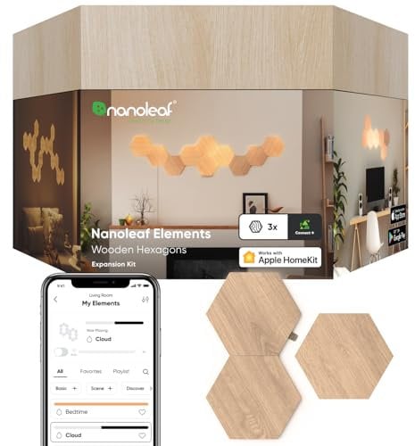 Nanoleaf Elements Hexagon Erweiterungspack, 3 zusätzliche LED Panels - Smarte Modulare & Dimmbare Holzoptik WLAN Wandleuchte Innen, Musik Sync, Funktioniert mit Alexa Google Apple, für Deko