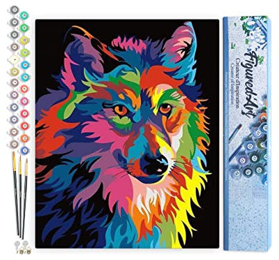 Figured'Art Peinture par Numéro Adulte Loup Pop Art - Activité Manuelle Kit de Loisir Créatif DIY Numéro d'Art Complet - 40x50cm sans châssis en bois
