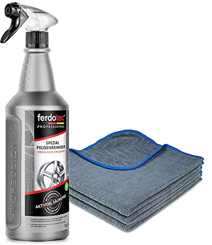ferdotec® Spezial Felgenreiniger (1 x 1 L) kraftvoll & säurefrei + 3 x Mikrofasertücher 380GSM 40 x 40 cm (blau/anthrazit) | Autofelgenreiniger mit Wirkindikator | Premium Felgenpflege