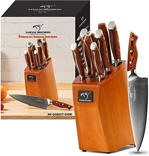 Damascus Kitchen Knife Set Wooden Knife Handle Chef Damascus Knife Set, Japanese Professional Kitchen Sharp Knife Set Damascus with Beech Knife Block,67 Layers VG10 Damascus Steel (Red)