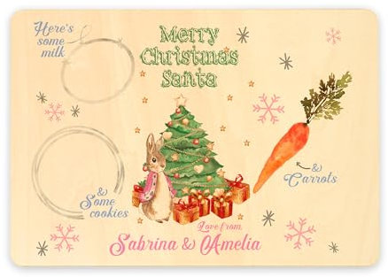 Print Maniacs Peter Personalised Any Name Christmas Eve Santa and Rudolph Reindeer Treat Xmas Plate Board Wooden Place Mat 28cm x 20cm Rabbit (Pink)
