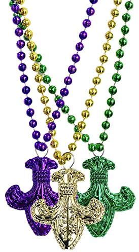 Fleur de Lis Mardi Gras Perlen-Halskette, Gold, Violett und Grün, 84 cm