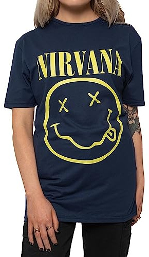 Nirvana T Shirt Yellow Smile Band Logo New Official Men's Black, Navy, XL