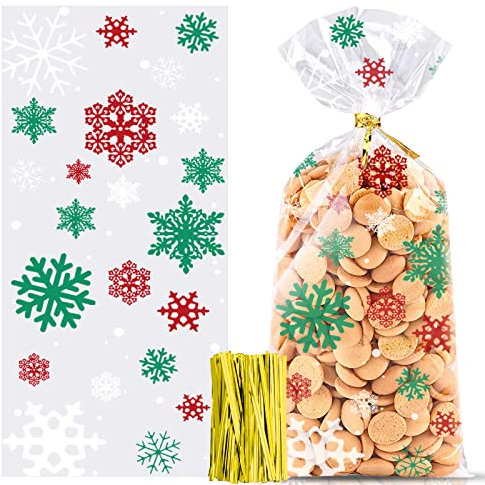 MIZIJIA 100 Stück Weihnachten Süßigkeiten Tüten, Cellophantüten, Schneeflocke Weihnachten Plätzchentüten, Kekse Goody Taschen mit 100 Stück Twist Krawatten für Plätzchen Kekse Pralinen(rot grün)