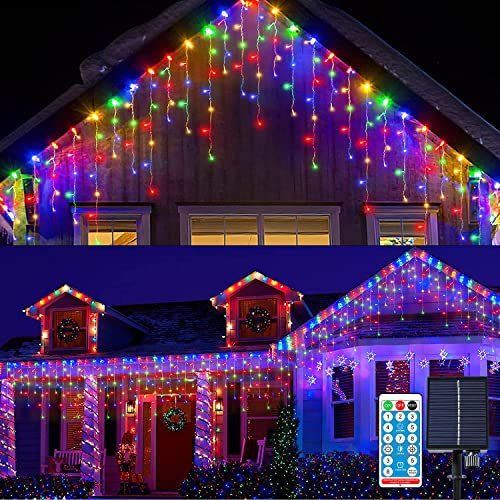 KINGCOO Solar Lichtervorhang Außen, Wasserdicht 10M 300LED Eisregen Vorhang Solar Lichterketten Fernbedienung 8Modi Innen Weihnachtsbeleuchtung für Garten Balkon Hochzeit Wanddekorationen(Mehrfarbig)