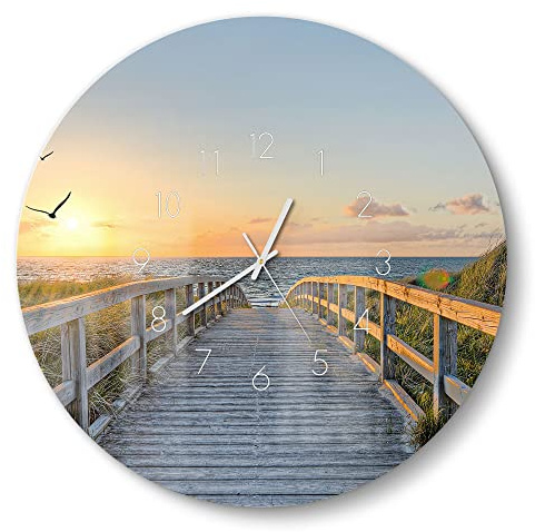 DEQORI Glasuhr | rund Ø 50 cm | Motiv Dünenweg zum Meer | große XXL Design Uhr aus Glas | leise Wanduhr für Wohnzimmer & Küche | moderne Hingucker Uhr für die Wand