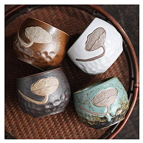 BOSUGE, Coffee Mugs Coffee Cup Champagne Glass Gift Si Ji Bei Lotus Seedpod Lotus Relief Tea Cup Retro Coarse Pottery Kiln Baked Cup 4-Packed In Cup Large Size Teacup Master Cup (Color : Set Gift Box)
