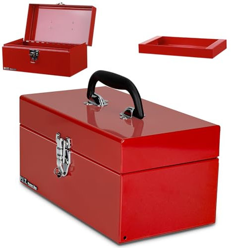 P.I.T. Caja de herramientas portátil de acero resistente de 12 pulgadas con pestillo de metal, rojo, cajas de herramientas de mano para almacenamiento de herramientas