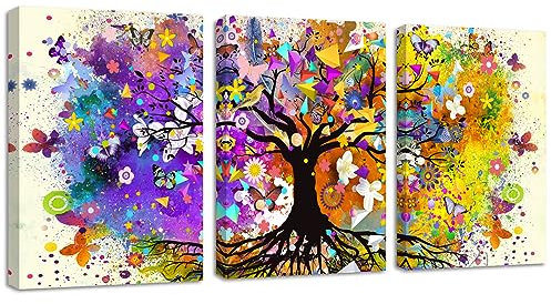 3 Teilig Leinwandbilder Bilder mit Rahmen Bunter Baum des Lebens bild auf leinwand Wandkunst Modern Wandbilder Kunstdruck Deko für Wohnzimmer Schlafzimmer fertig zum Aufhängen 120x60cm(40x60x3)