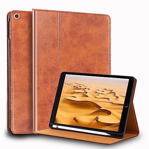 Gexmil for iPad 10.2 Inch Case 2021/2020/2019(9th/8th/7th Generation) with Pencil Holder,Auto Wake/Sleep,Genuine Leather Case with Stand,Oil Wax Brown
