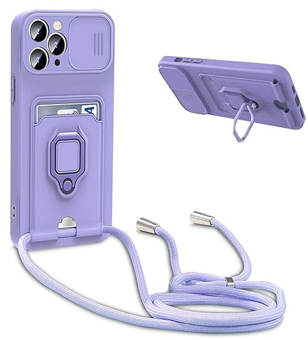 Cover Compatibile con iPhone 11 Pro con Cordino,Custodia con Cordino Silicone Cover,Protezione Fotocamera,360°Anello Supporto,Porta Carte,Viola