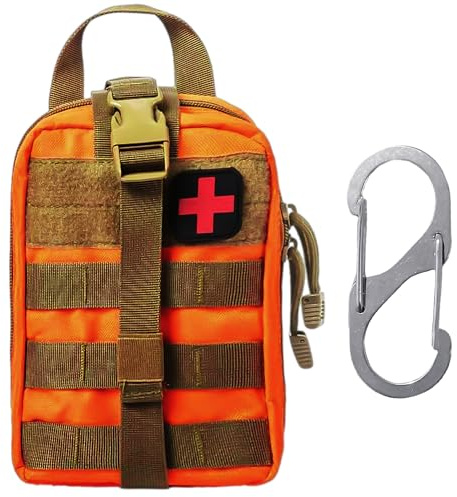 1 Stück taktisches Erste-Hilfe-Set und 1 Stück S-Typ-Karabiner, multifunktionales Notfallset, geeignet für Bergsteigen, Wandern, Reisejagd, Camping, sport (Orange)