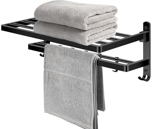 Towel Rail Wall Mounted, 60CM Bathroom Towel Rack with 5 Hooks, Stainless Steel Self Adhesive Rail Double Towel Shelf for Kitchen Bathroom Toilet Hotel Office