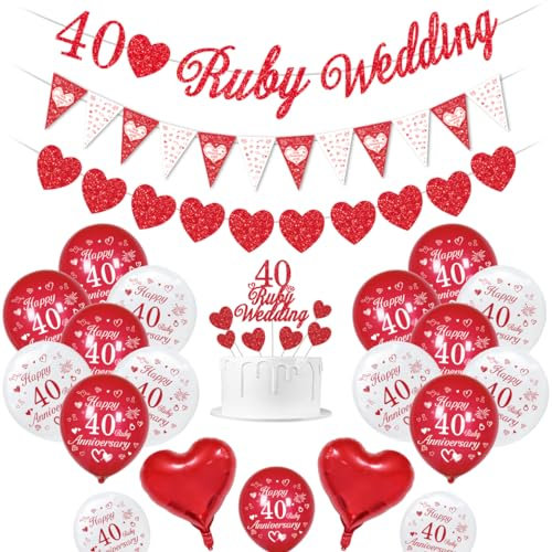 Rubin Hochzeit deko, 40 Hochzeitstag Dekorationen, 40 Rubin Hochzeitsbanner, Happy 40th Anniversary Luftballons rot weiße Luftballons Herzballons 40 Ruby Wedding tortenaufsatz