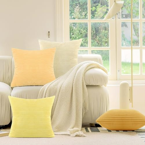 Philorn Kissenbezug 45x45cm 4er Set Kissenhülle Kordsamt Dekokissen Sofakissen Bezug Deko Kissenbezüge Cord Kissen Weiche Zierkissenbezüge für Sofa Sessel Zuhause Schlafzimmer Beige/Gelb/Orange