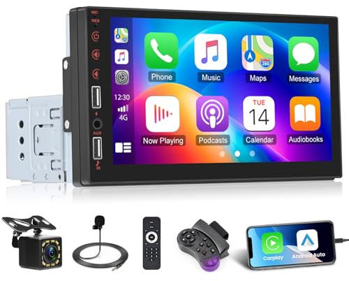 7 Inch Single Din Car Stereo Wireless CarPlay Android Auto, Single Din Touch Screen Radio Bluetooth Mirror Link FM Radio 1Din Dual USB AUX Steering Wheel Control & Backup Camera