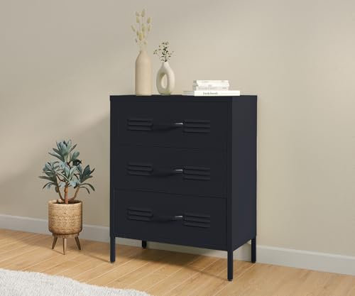 STEELSØN Metallschrank Atria, Kommode mit 3 Schubladen, Sideboard Wohnzimmer schwarz, Mehrzweckschrank, Schubladenschrank schmal Maße 80x60x38 (HxBxT)