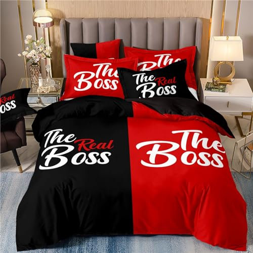 Freyamy Partner Bettwäsche 135x200cm 4teilig Schwarz Rot Chic 3D Bettwäsche für Paare 100% Mikrofaser Pärchen Bettwaren-Sets Liebhaber Bettbezug mit Reißverschluss und 2 Kissenbezug 80x80cm