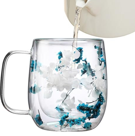 Tazas de flores secas, taza de café de flores secas, resistente al calor, taza de vidrio de doble pared para bebidas frías, capuchino, leche