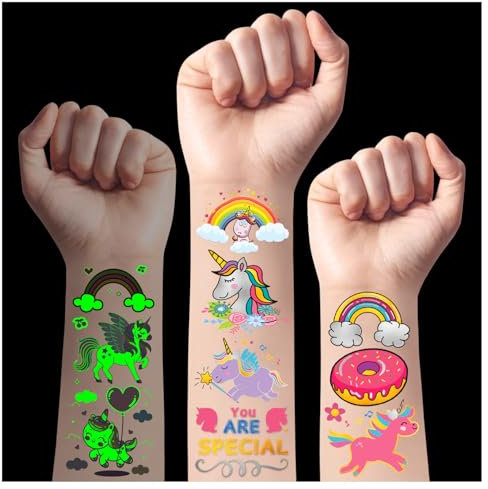 TatoYard 33 Stück Einhorn Tattoo Kinder – 2 Blätter Glitzer + Leucht Tattoo für Mädchen und Jungen, als Mitgebsel Kindergeburtstag für Kinder, Geburtstagsdeko Kleine Geschenke für Kinder