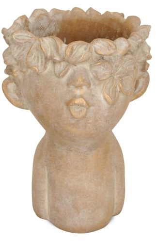 Hübscher Blumentopf Kopf mit Gesicht und Blumen-Krone braun gold - 17,5 x 25,5 cm Zement Pflanzkopf als Zimmerpflanzen Tisch-Deko - Pflanzentopf für die Haustür als Hauseingang Flur-Deko