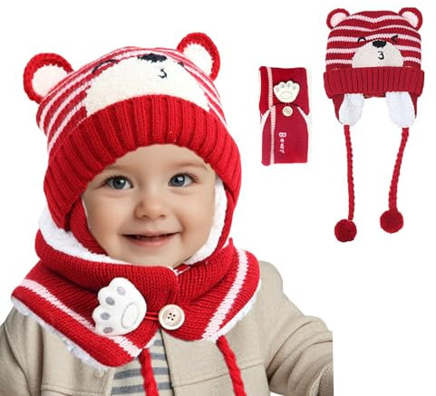 AhhiAboo Baby Mütze, Winter, Unisex Kinder, Schlupfmützen mit Schal und Ohrenklappe, Set, Warmer, Schön Beanie, mit Bär Baby Ohr für Alter 6-28 Monate (Rot)