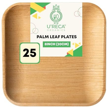 U'reca Organics Eco-Friendly Areca Palm Leaf Square Plates | 8 - Pack of 25 | Perfect for Appetizers, Salads & Desserts | Biodegradable, Chemical-Free, Durable