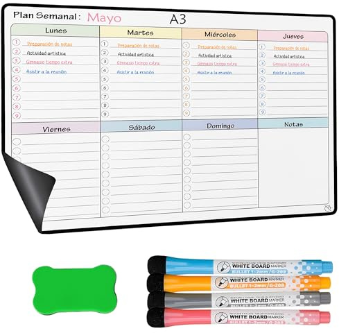 YSANCOR® Magnetischer Kühlschrankkalender, monatlicher oder wöchentlicher Planer + 4 Filzstifte und 1 Radiergummi | Optionen in den Größen A4 und A3 | ideal als Wochenplaner (A3)