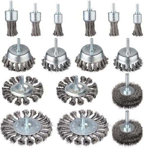 Rocaris 16-teiliges Drahtbürsten-Set für Bohrmaschinen, gekräuselte Schalen, Drahträder, Bürsten-Set für Bohrmaschine mit 1/4-Zoll-Schaft für Rostentfernung, Korrosion und Schrubben von Oberflächen