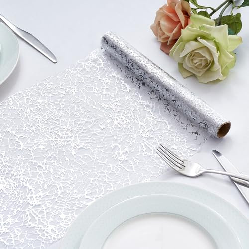 Chemin de Table Argenté 28 x 275 cm, Rouleau de Chemin de Table en Maille Brillante, Décoration de Centre de Table Argenté Scintillant pour Bricolage, Mariage, Fête d'anniversaire, Noël