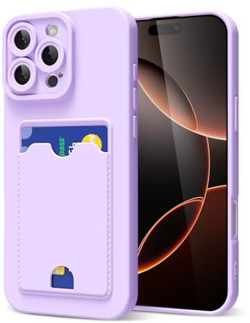 oakxco for iPhone 16 Pro Case with Card Holder, Cute Silicone Wallet Phone Case with Credit Card Slot, Soft Rubber Thin Slim Purse for Women Men with Camera Cover Protection, Purple Lavender Lilac