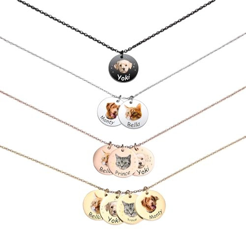 MeMeDIY Personalisierte Hund Katze Katze Haustier Halskette für Frauen Männer Graviertes Porträt Foto Name Edelstahl Anhänger Haustier Erinnerung Geschenke (B1 Gold)