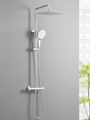 Auralum Duscharmatur Komplettset, Edelstahl Duschsystem mit Thermostat Armatur, 30x30 CM Regendusche, 5 Strahlarten Duschkopf und Höhenverstellbarer Duschstange (Chrom)