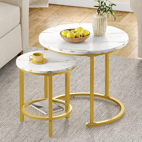 YITAHOME Couchtisch 2er Set Rund, Wohnzimmertisch Modern mit Stauraum, Beistelltisch 2er Set Stapelbar mit Holzplatte und Metallrahmen, Couch Tisch Wohnzimmer Heimbüro