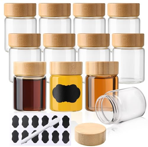 YBCPACK 12 Stück Kleine Shot Flaschen zum Befüllen 60ml, Mini Shotgläser mit Bambusdeckel aus Borosilikatglas Inkl. Etiketten & Stift - Spülmaschinenfest, Wiederverwendbar für Shots und andere drinks