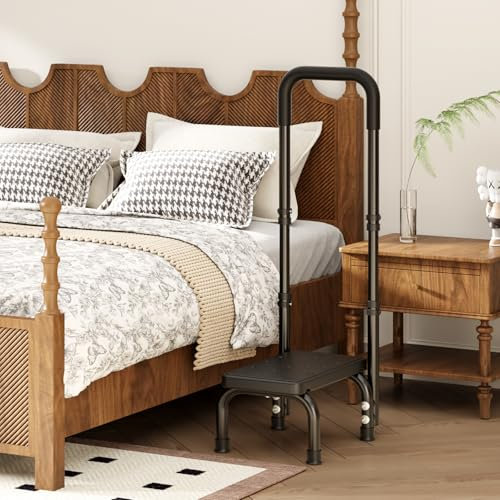 Height Adjustable Step Stool with Handle and Non-Skid Platform, Lightweight & Sturdy Standing Aid Support for Elderly, Seniors, Ideal for Bedside, Bathtub & Car Use, Holds up to 440 lbs (Black)