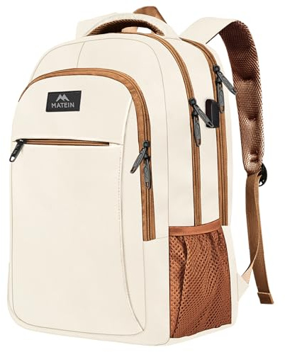MATEIN Sac a Dos Homme 15,6 Pouces, Grand Sac à Dos Ordinateur Portable, Sac à Dos de Travail Femme avec Port USB, adapté École, Voyage, Université, Travail, Mixte, Beige Marron