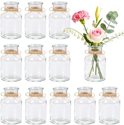 BTSD-home 12 Stück 125ml Blumenvase Kleine Vasen für Tischdeko | Juteschnur individuell kürzbar Festliche Tischdekoration Gutes Preis Leistungs Verhältnis Geeignet als Geschenk