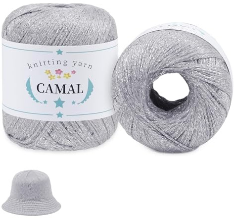 CAMAL 2 Stück Metallic Häkelgarn Dünn Garn 200m x 2 Glitzer Baumwolle zum Häkeln, Metallic Baumwollgarn zum Häkeln für Kleidung, Mützen, Schals, DIY-Projekte (Silberweiß)