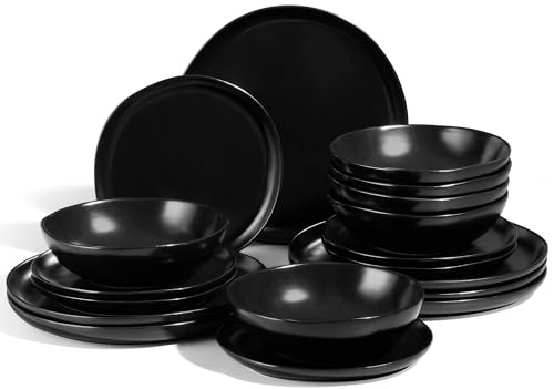 Joyfair Vajilla para 6 personas, 18 piezas, de gres, irregular y redonda, con plato llano, platos de postre, cuencos para cereales, microondas y lavavajillas, color negro mate reactivo