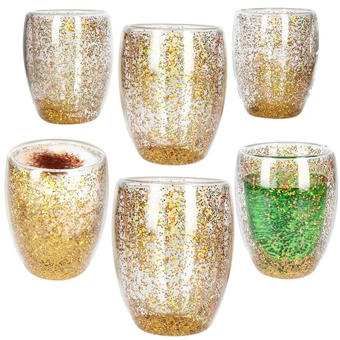 MamboCat Konfetti 6er Set doppelwandige Gläser 270ml I Gold-Glitzer I für Heiß- & Kaltgetränke I Thermoglas für Cappuccino, Tee, Cocktails, Wasser I Partys, Weihnachten, Silvester