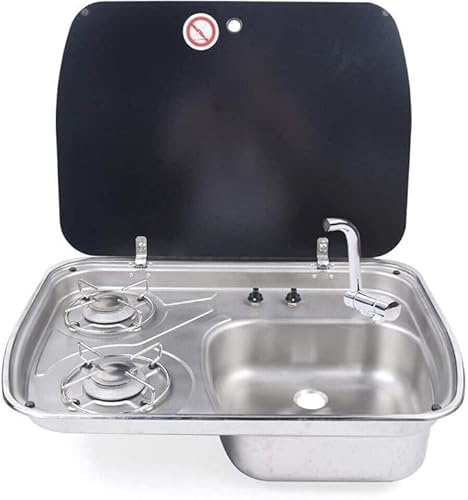 Réchaud à gaz de camping encastrable pour camping-car, plaque de cuisson à 2 brûleurs et évier en acier inoxydable avec couvercle en verre, pour cuisine extérieure de camping-car, caravane ou fourgon