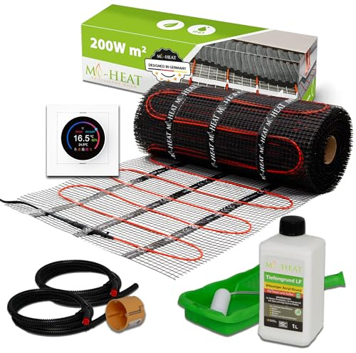 Mi-Heat Elektrische Fußbodenheizung 200W/m² 1,5m² Set - Heizmatte Bad Badezimmer Sanierung – für Fliesen unter Fliesenkleber Elektrische Heizung - mit Thermostat TH11 WiFi weiß