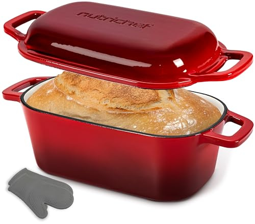 NutriChef 10 Enameled Cast Iron Bread Pan with Lid, Oval Loaf Dutch Oven with Silicone Gloves, Oven-Safe to 500°F, for Baking, Roasting, Stewing & More, Dishwasher Safe (Red)