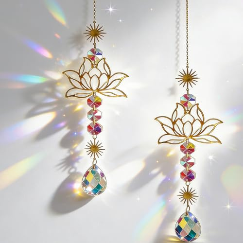 2 Stück Sonnenfänger Lotusblume mit Kristallprisma, Fensterdeko | Suncatcher Kristall zum aufhängen, für Frühlingsdeko, Hängend Lichtfänger, für Zuhause Büro Auto und Garten