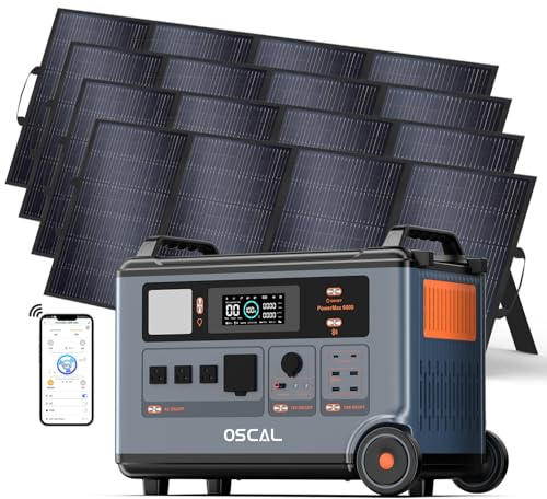 OSCAL 6000W Tragbare Powerstation PowerMax 6000 mit 4 * 400W Solarpanel, 3600Wh Solargenerator, 2-std Schnellladung, LiFePO4 Akku Power Station für Zuhause, Camping, Wohnmobil, Notfälle