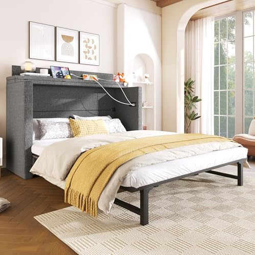 Eleganz Schrankbett 140x200 Klappbett Platzsparend Murphy Bett Mobil mit Rollen Gästebett mit Schublade USB Typ-C Leinenstoff Ohne Matratze Grau 200kg Belastbar