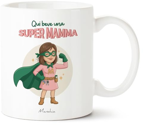 Manahia - Tazza Mamma - Qui beve una super mamma | Regalo Originale Figli, Supermamma - Divertente Idea Sorpresa Festa della Mamma, Natale | Scatola Regalo Kraft